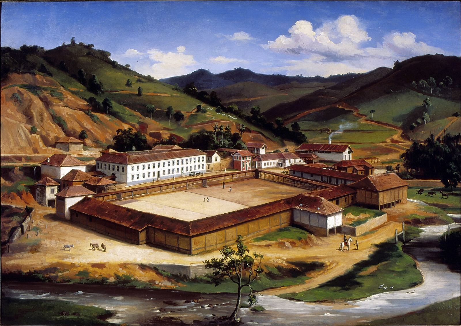 Pintura de uma fazenda de café do Vale do Paraíba entre morros, com casarão, terreiro e rio